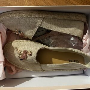JustFab Beige Espadrille Flats with Flamingo Embroidery